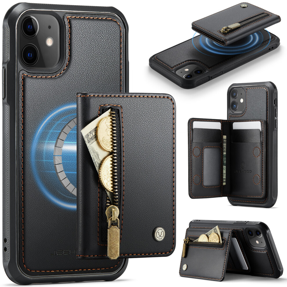 (Black) Jeehood For Iphone 11 Case J12 Magnetic Detachable Zipper Wallet Kickstand Leather Back Cover Compatible With Magsafe Black 6914299784180