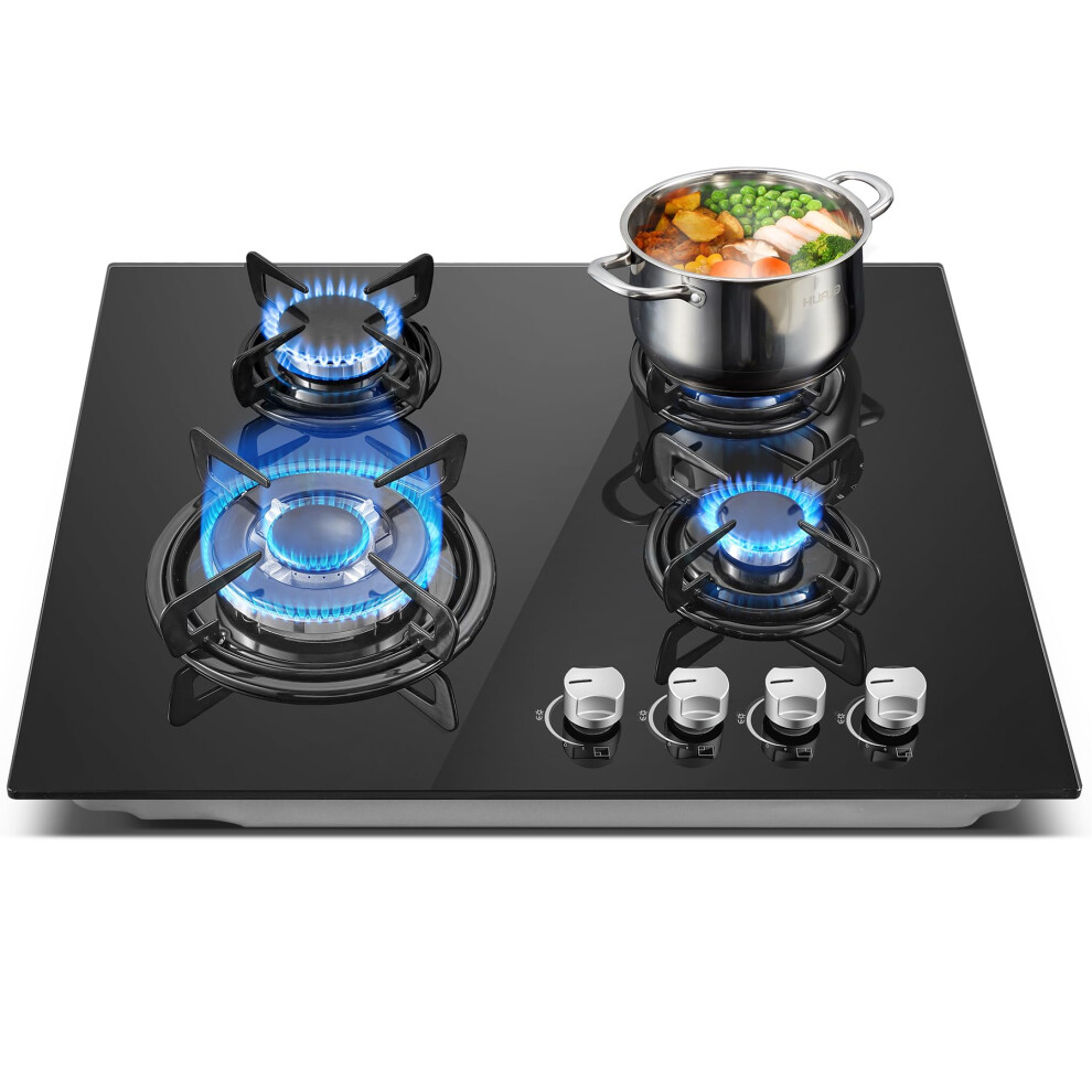 Topstrong Gas Hob 4 Burners, 60Cm Black Glass Built-In Cooktop With 80