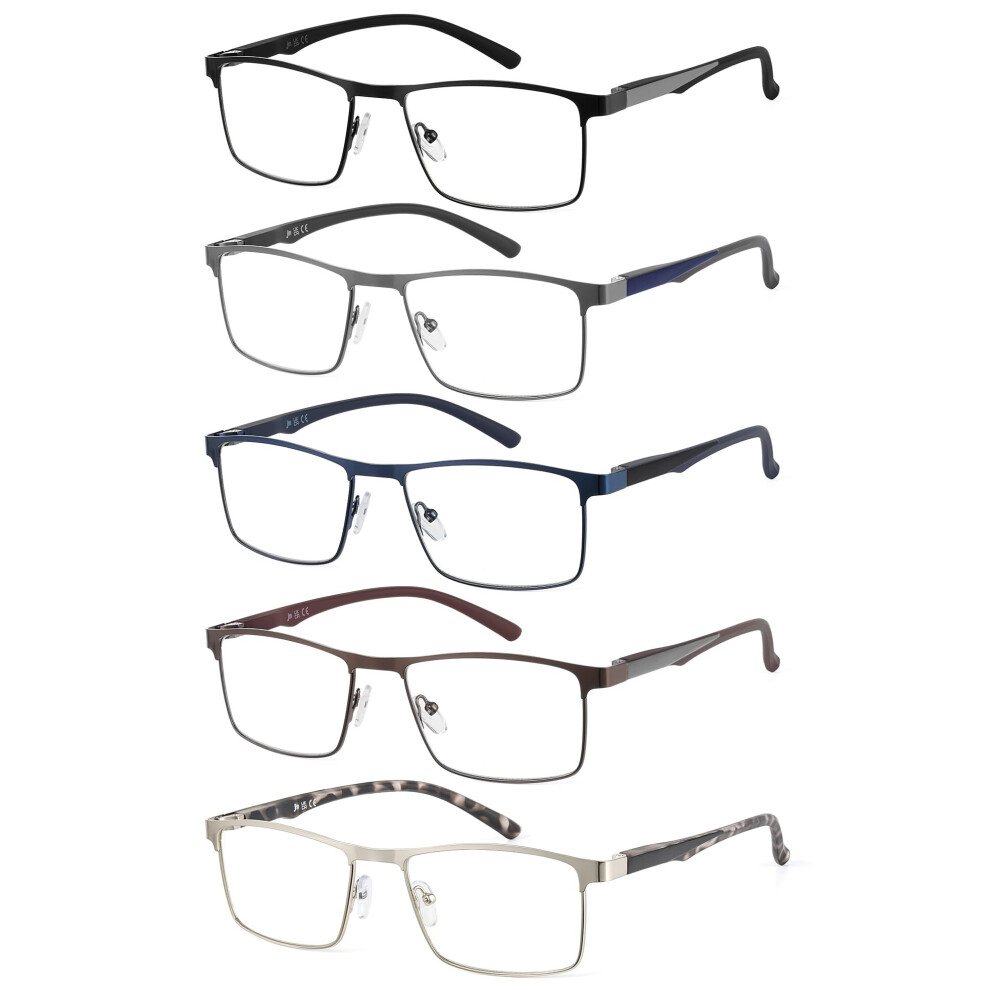 Jm 5 Pack Rectangular Reading Glasses Men, Blue Light Blocking Computer Readers, Metal Thin Frame Spring Hinge Eyeglasses, 1.5+