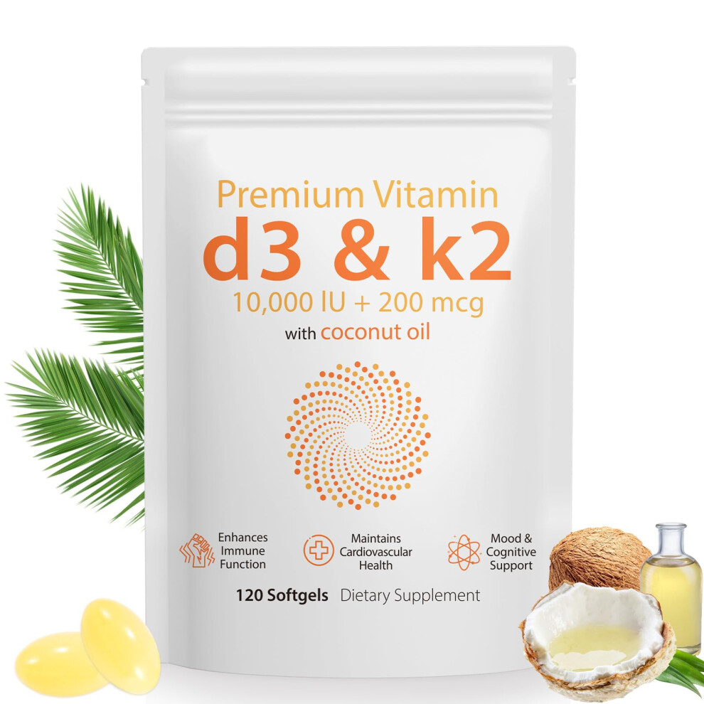 Vortexonix 120 Count Vitamin D3 K2 Supplement Softgel, 2 In 1 Vitamins D & K Complex, Vitamin D3 K2 10000 Iu Coconut Oil Supplement Softgel, Immune, Heart Healt