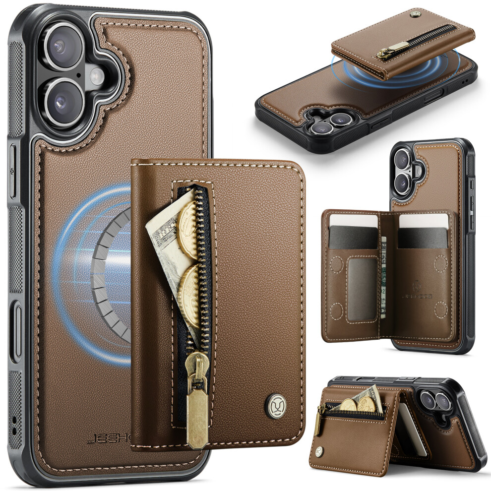 (Brown) Jeehood For Iphone 16 Plus Case J12 Magnetic Detachable Zipper Wallet Kickstand Leather Back Cover Compatible With Mag Brown 6914291763152