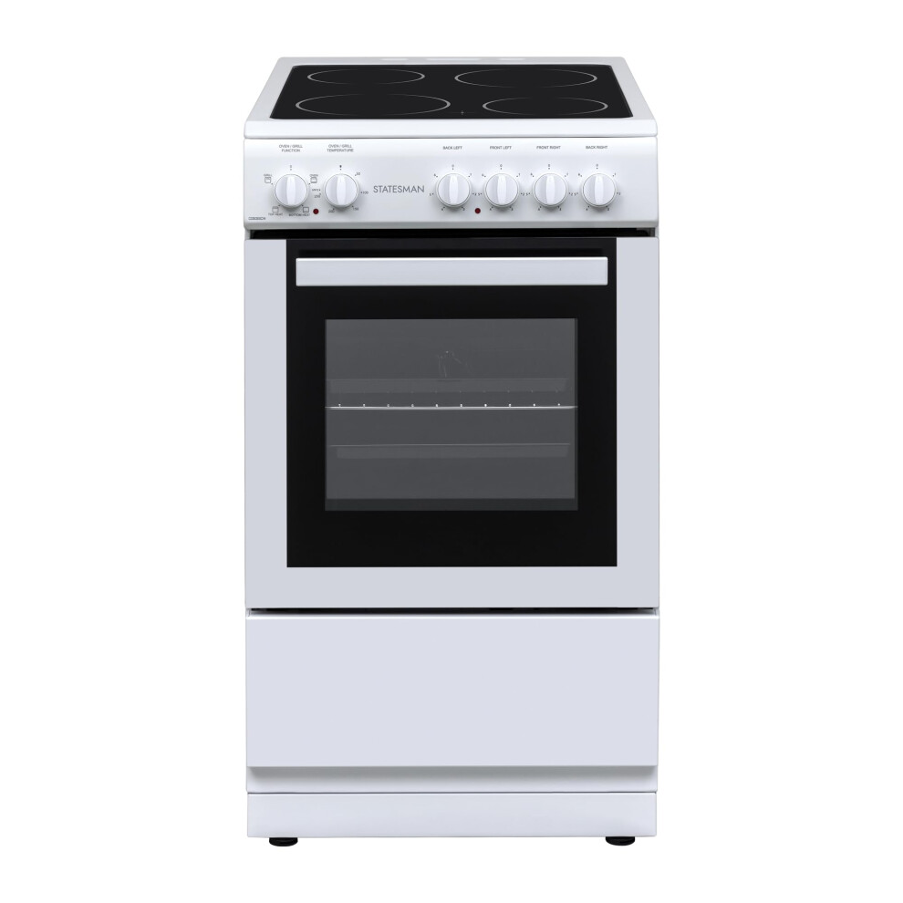 Statesman C050escw Freestanding Single Cavity Electric Cooker With Ceramic Hob, 50 Cm, 4 Hot Plates, Easy Clean, Adjustable Hight, White