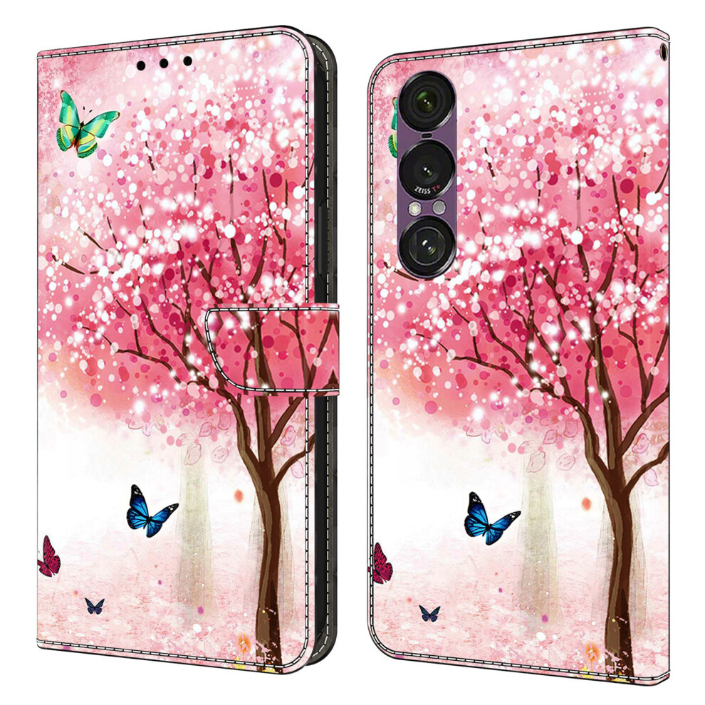 (Cherry Blossom Butterfly) For Sony Xperia 1 Vii Case Foldable Stand Wallet Pattern Printing Pu Leather Flip Phone Cover Red 6914295495721