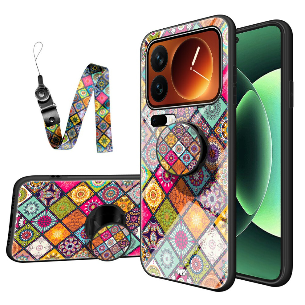 (Checkered Pattern) For Xiaomi 17 Pro Max Case Kickstand Ethnic Pattern Tempered Glass Phone Cover With Strap 6914296574890
