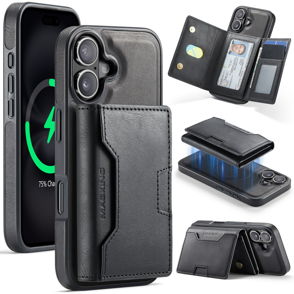 (Black) Magking K4 Series For Iphone 16 Case Compatible With Magsafe Detachable Wallet Pu Tpu Pc Phone Cover Black 6914294462229