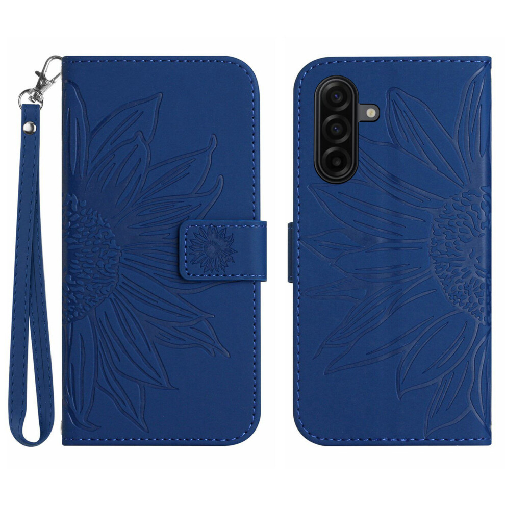 (Sapphire) For Samsung Galaxy S26 Case Sunflower Imprint Leather Wallet Phone Cover With Wrist Strap Blue 6914295850209