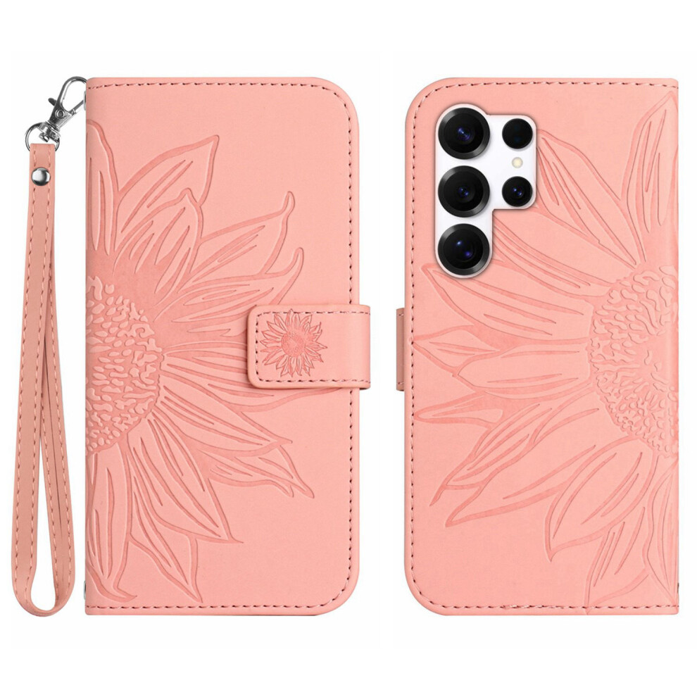 (Pink) For Samsung Galaxy S26 Ultra Case Sunflower Imprint Leather Wallet Phone Cover With Wrist Strap Pink 6914293626141