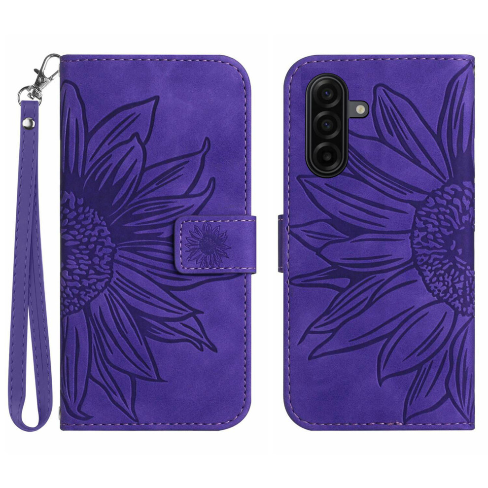 (Dark ) For Samsung Galaxy S26 Case Sunflower Imprint Leather Wallet Phone Cover With Wrist Strap Purple 6914299401124