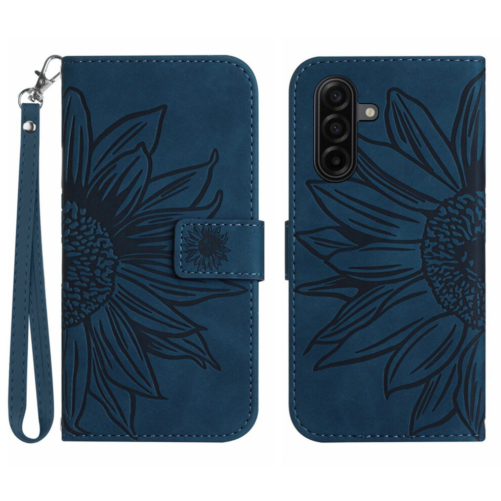 (Dark ) For Samsung Galaxy S26 Case Sunflower Imprint Leather Wallet Phone Cover With Wrist Strap Blue 6914296133240