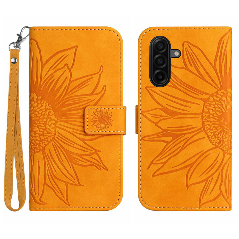 (Yellow) For Samsung Galaxy S26 Case Sunflower Imprint Leather Wallet Phone Cover With Wrist Strap Yellow 6914291837419