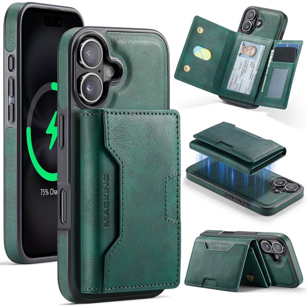 (Green) Magking K4 Series For Iphone 16 Plus Case Compatible With Magsafe Detachable Wallet Pu Tpu Pc Phone Cover Green 6914294967458