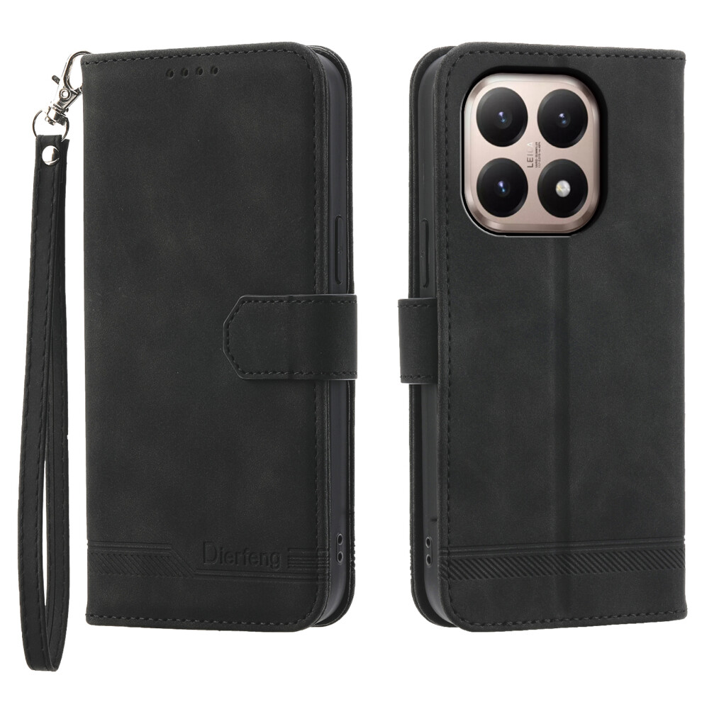 (Black) Dierfeng Df-03 For Xiaomi 15T Case Lines Imprint Wallet Leather Phone Cover With Wrist Strap Black 6914299953739