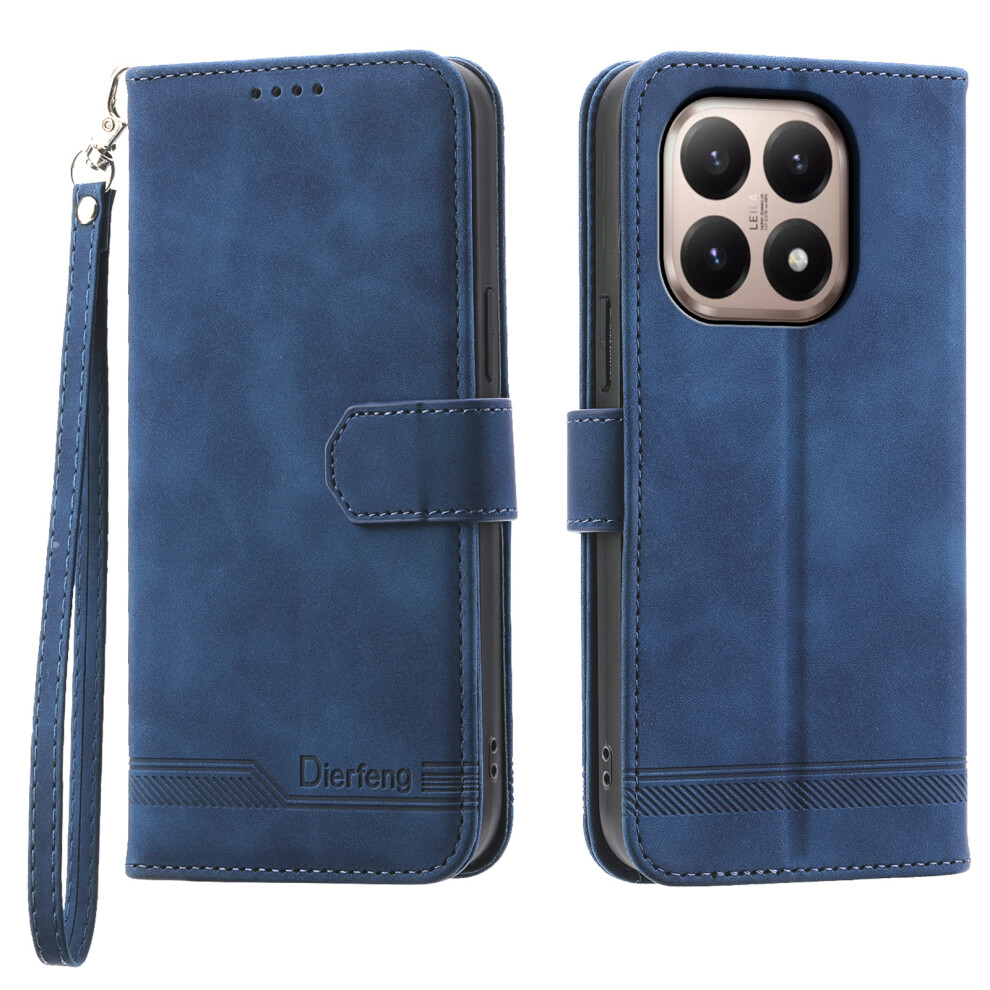 (Blue) Dierfeng Df-03 For Xiaomi 15T Case Lines Imprint Wallet Leather Phone Cover With Wrist Strap Blue 6914298781685