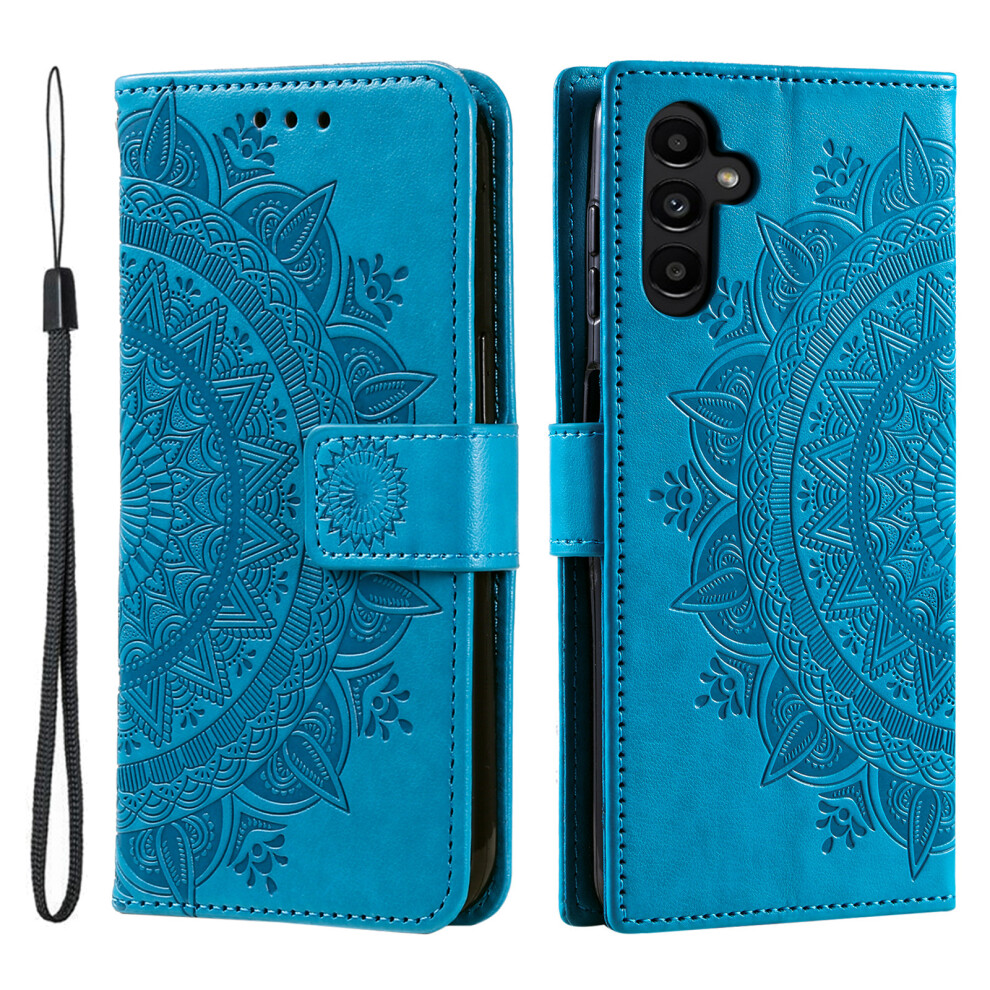 (Blue) For Samsung Galaxy S26+ Stand Case Imprinted Totem Pu Leather Wallet Phone Cover With Wrist Strap Blue 6914298887998