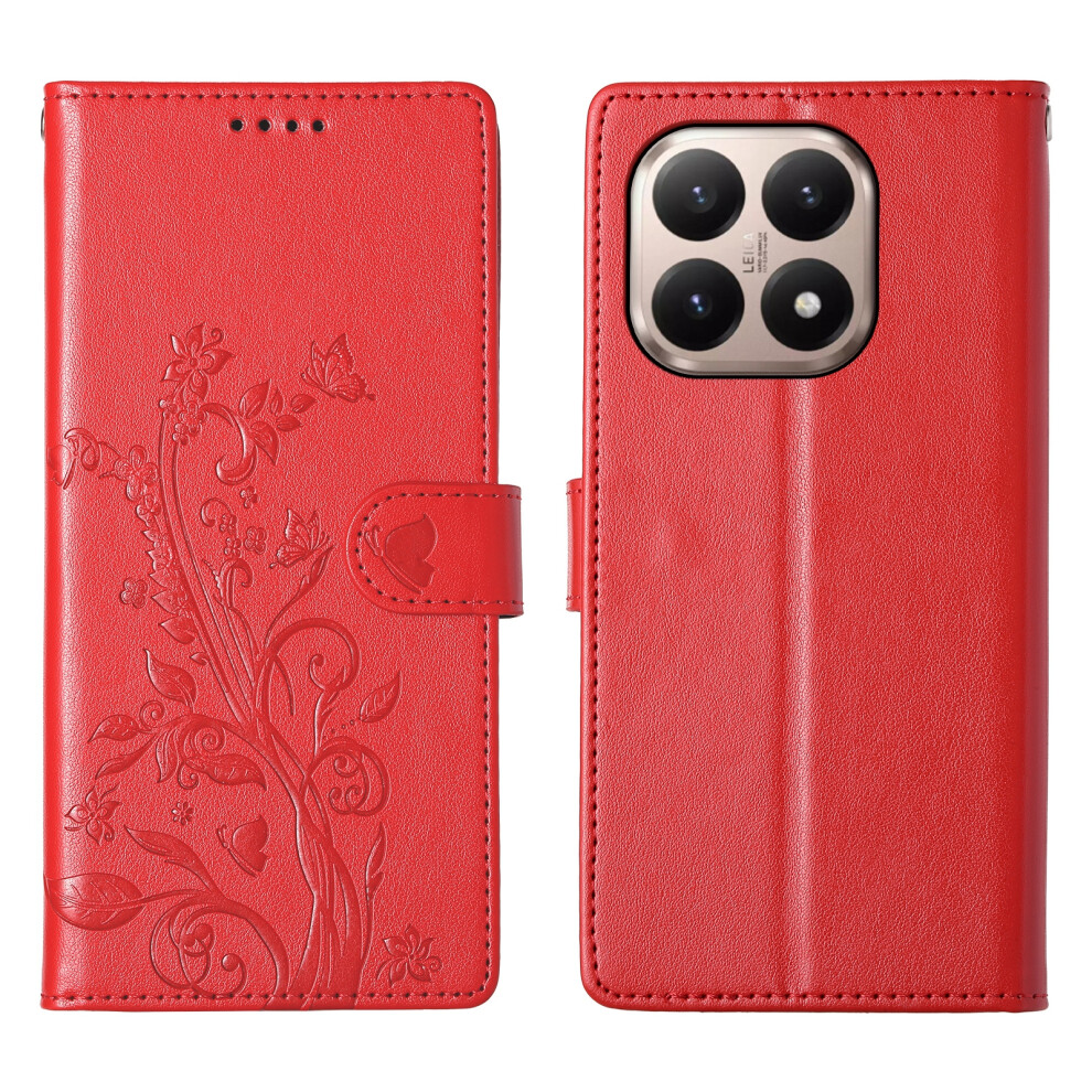 (Red) For Xiaomi 15T Wallet Case Butterfly Floral Imprint Pu Leather Phone Cover With Wrist Strap Red 6914290607747