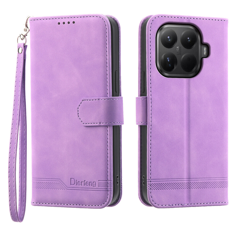 (Purple) Dierfeng Df-03 For Xiaomi 15T Pro Case Lines Imprint Wallet Leather Phone Cover With Wrist Strap Purple 6914290701797