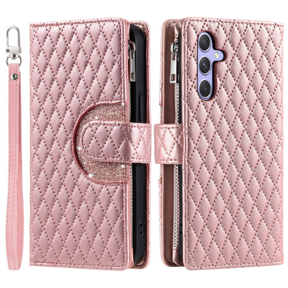 (Rose ) For Samsung Galaxy S26+ Case Zipper Pocket Glitter Leather Phone Cover With Wrist Strap Gold 6914294414051