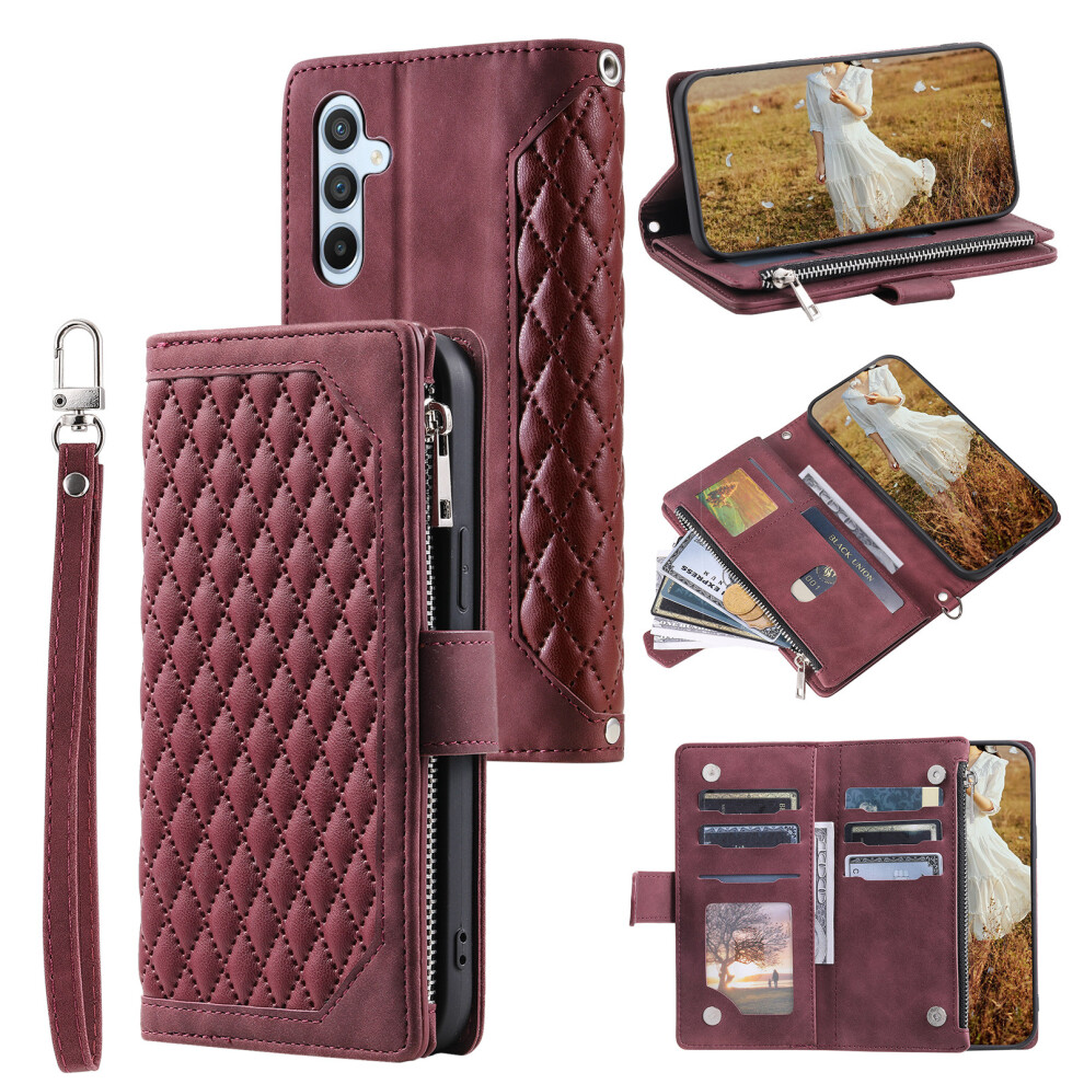(Wine ) For Samsung Galaxy S26+ Wallet Case Rhombus Stitching Line Pu Leather Phone Cover With Wrist Strap Red 6914292224607