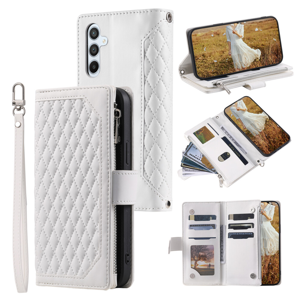 (White) For Samsung Galaxy S26+ Wallet Case Rhombus Stitching Line Pu Leather Phone Cover With Wrist Strap White 6914290208166