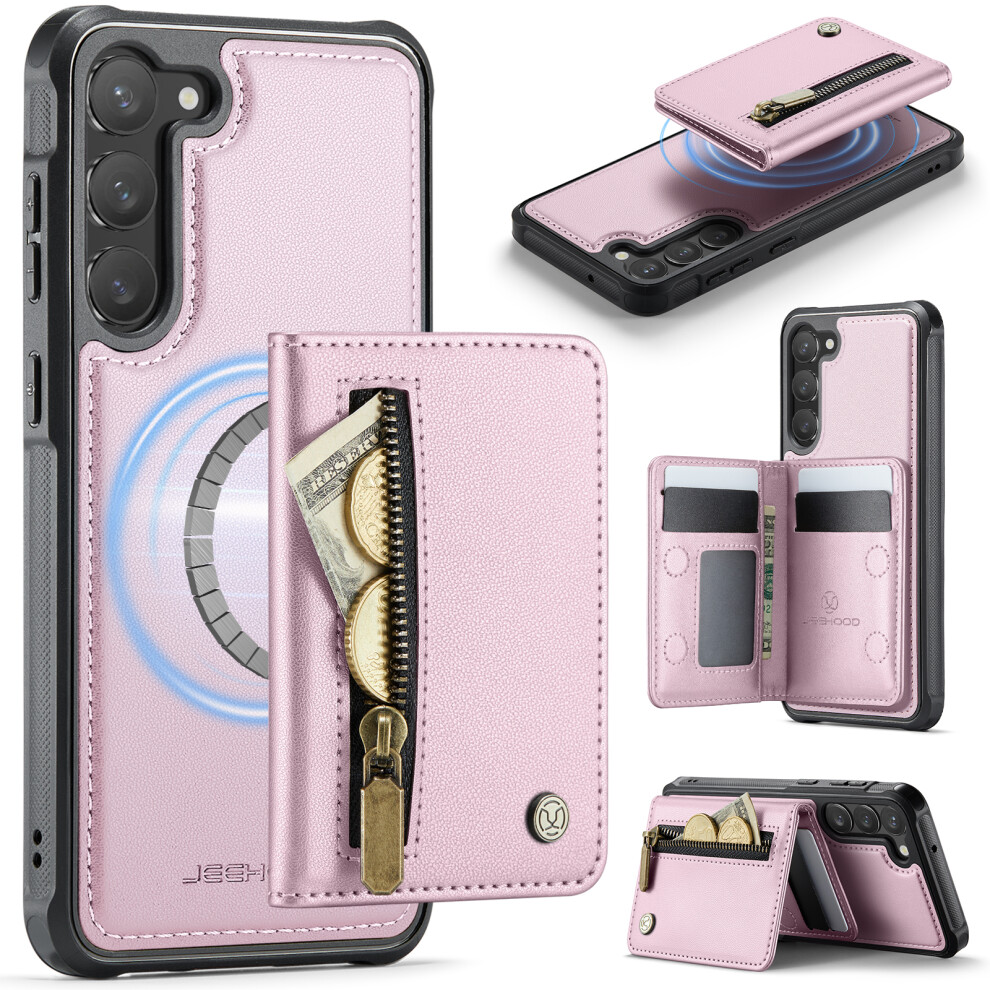 (Pink) Jeehood For Samsung Galaxy S23+ Case J12 Magnetic Detachable Zipper Wallet Kickstand Leather Back Cover Magnetic Case Pink 6914294882416
