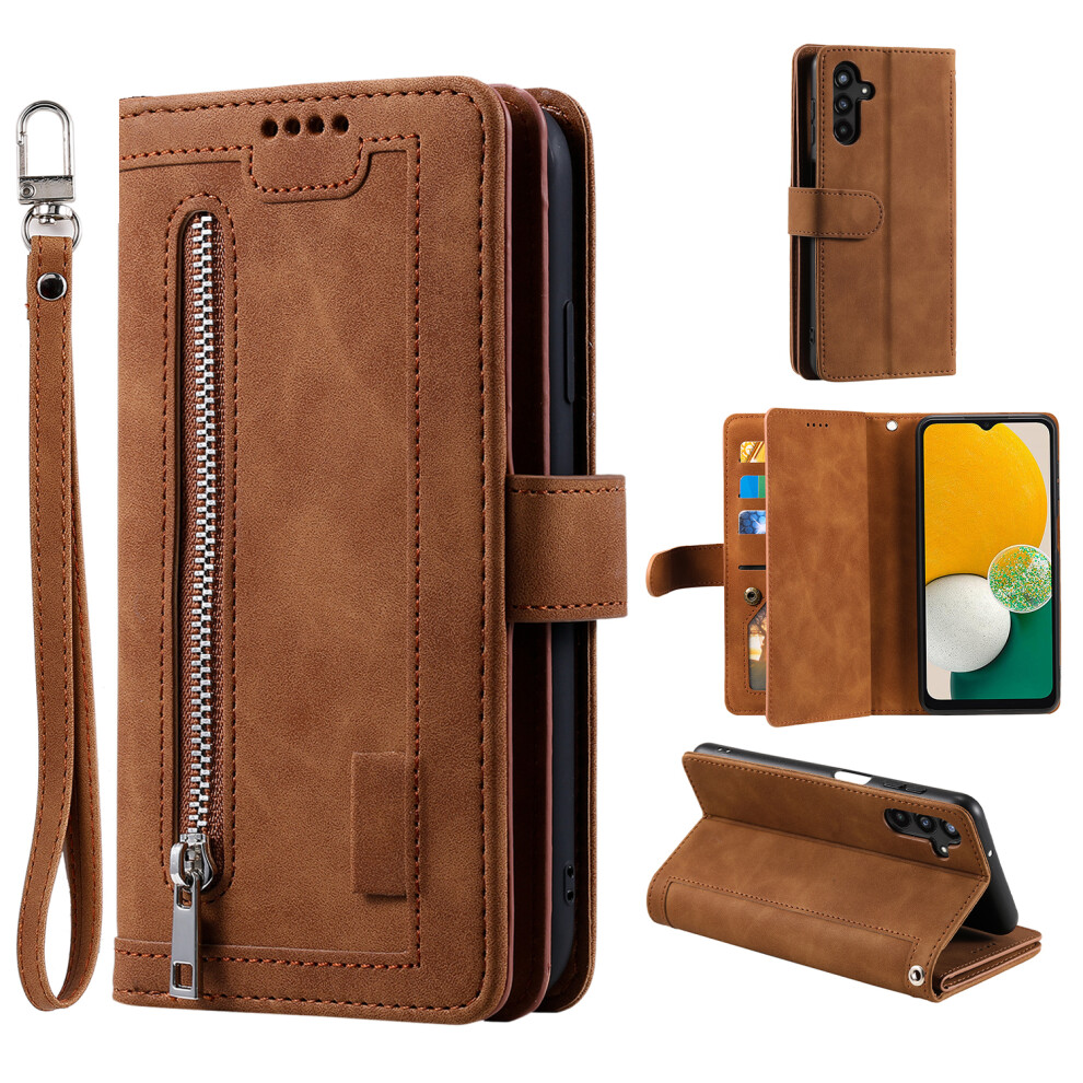 (Brown) For Samsung Galaxy A37 5G Case 9 Card Slots Zipper Wallet Pu Leather Phone Cover With Wrist Strap Brown 6914290684304