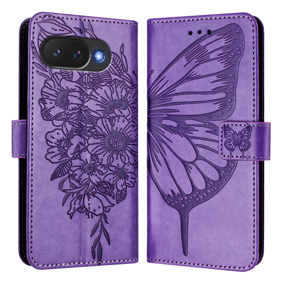 (Purple) For Google Pixel 10A Wallet Case With Wrist Strap Butterfly Imprint Leather Phone Cover Purple 6914291376284