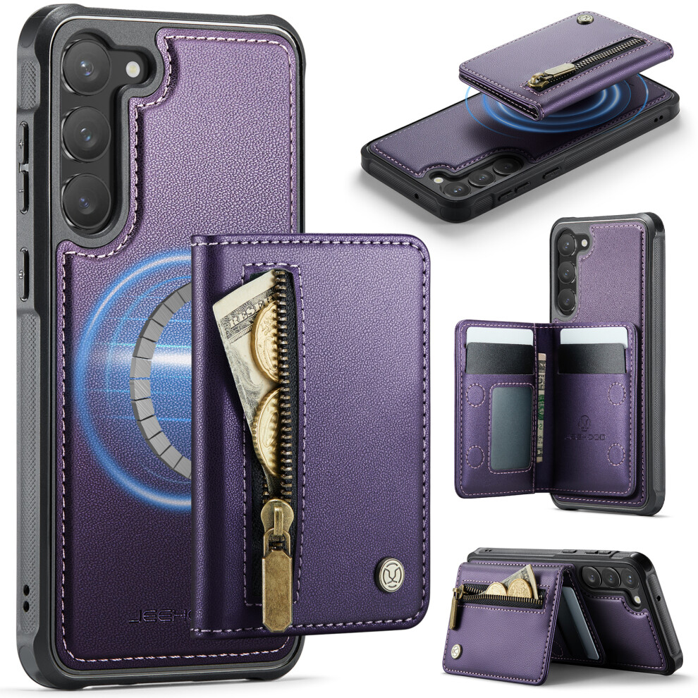 (Purple) Jeehood For Samsung Galaxy S23 Case J12 Magnetic Detachable Zipper Wallet Kickstand Leather Back Cover Magnetic Case Purple 6914299585558