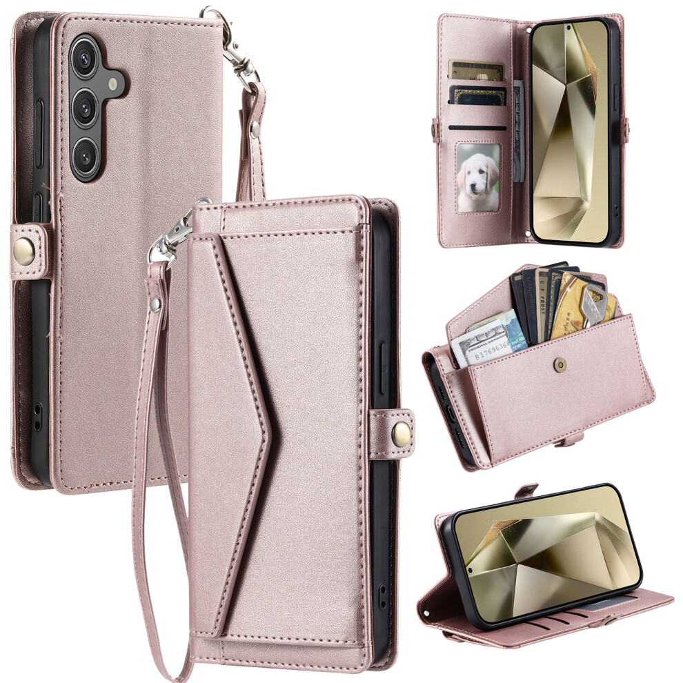 (Rose ) For Samsung Galaxy A37 5G Leather Case With Wrist Strap Wallet Stand Phone Cover Gold 6914291966829