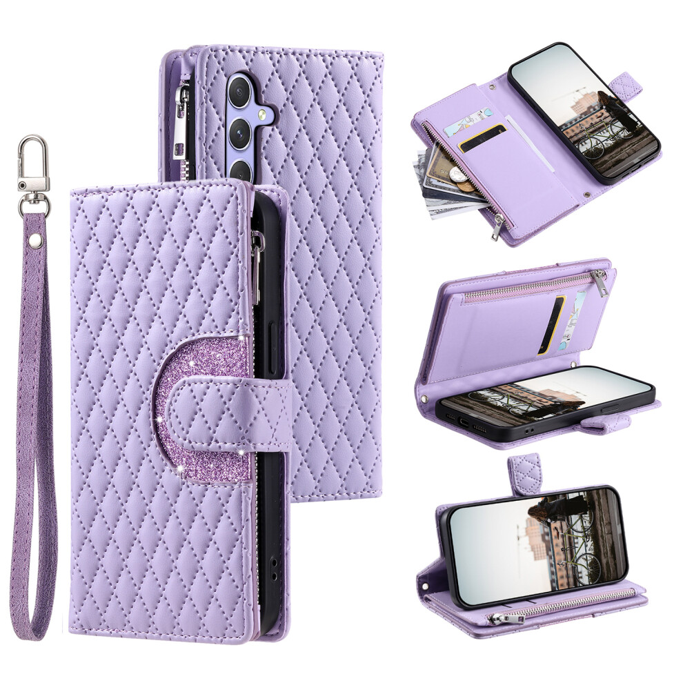 (Purple) For Samsung Galaxy A37 5G Case Zipper Pocket Glitter Leather Phone Cover With Wrist Strap Purple 6914290160914