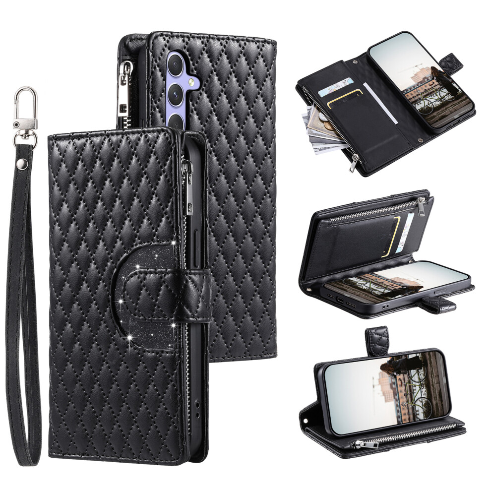 (Black) For Samsung Galaxy A37 5G Case Zipper Pocket Glitter Leather Phone Cover With Wrist Strap Black 6914296153323