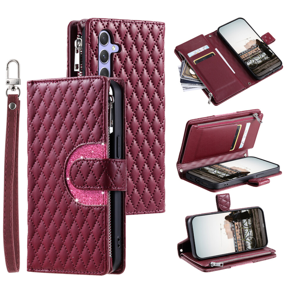 (Wine ) For Samsung Galaxy A37 5G Case Zipper Pocket Glitter Leather Phone Cover With Wrist Strap Red 6914292140532