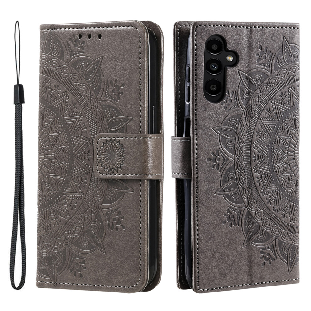 (Grey) For Samsung Galaxy A37 5G Stand Case Imprinted Totem Pu Leather Wallet Phone Cover With Wrist Strap Grey 6914290400119