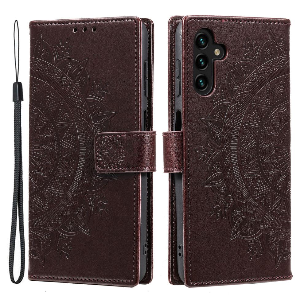 (Brown) For Samsung Galaxy A37 5G Stand Case Imprinted Totem Pu Leather Wallet Phone Cover With Wrist Strap Brown 6914296224207