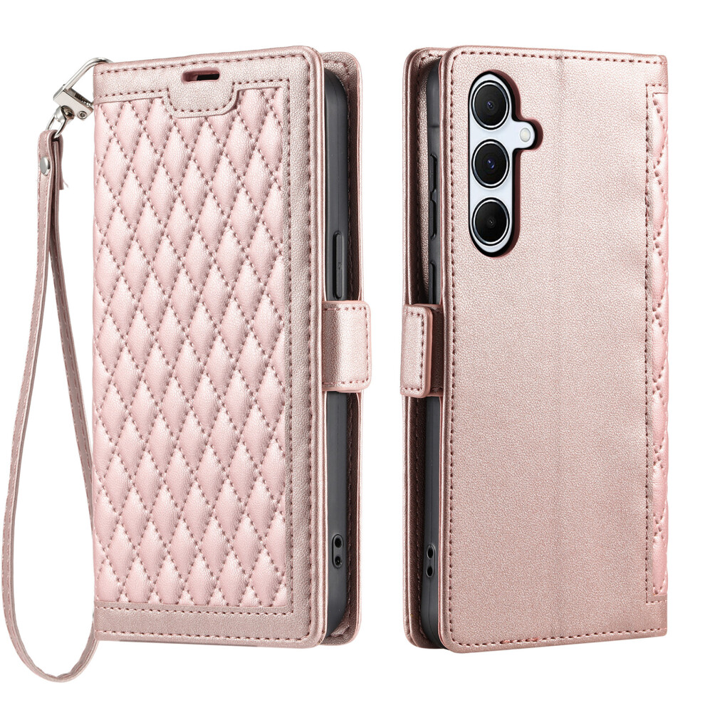 (Rose ) For Samsung Galaxy A37 5G Leather Case Rhombus Texture Wallet Stand Phone Cover With Wrist Strap Gold 6914296007213