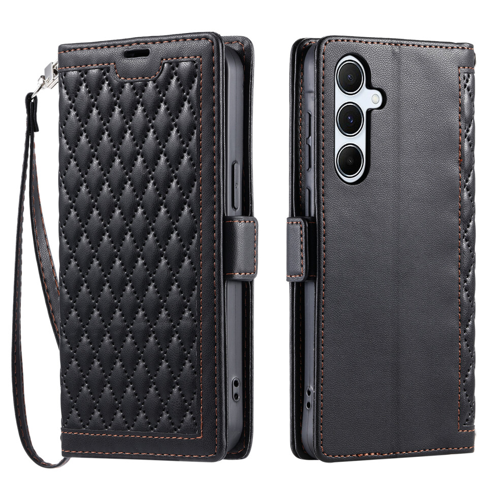 (Black) For Samsung Galaxy A37 5G Leather Case Rhombus Texture Wallet Stand Phone Cover With Wrist Strap Black 6914293551627