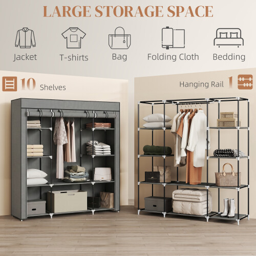 Homcom HOMCOM Fabric Wardrobe with 10 Shelves, Foldable Closet Dark Grey 2