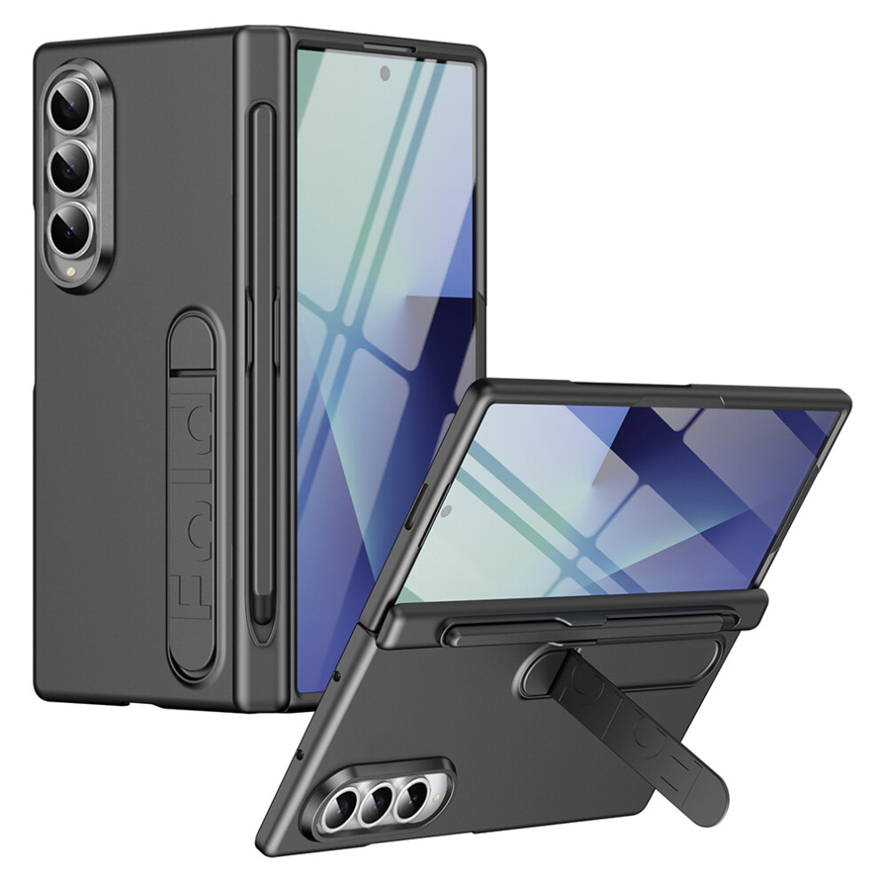 (Grey) For Samsung Galaxy Z Fold4 5G Case Kickstand Hard Pc Phone Cover With Tempered Glass Film / Stylus / Pen Slot Grey 6914296971903