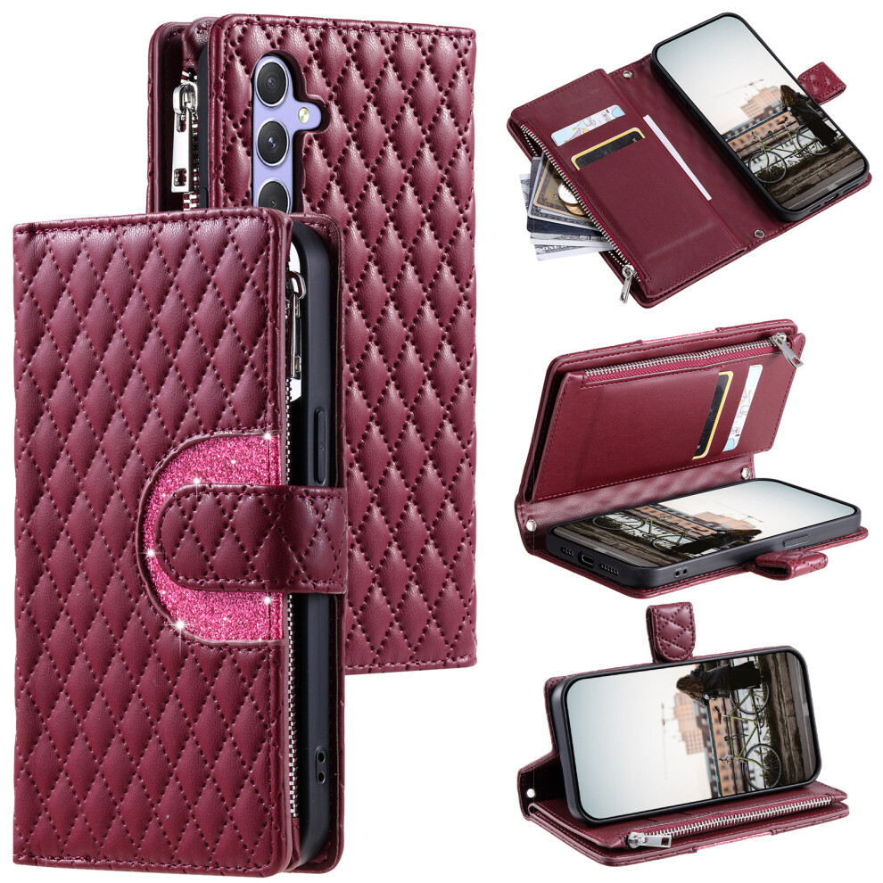 (Wine ) For Samsung Galaxy A57 5G Case Zipper Pocket Glitter Leather Phone Cover With Wrist Strap Red 6914291791445