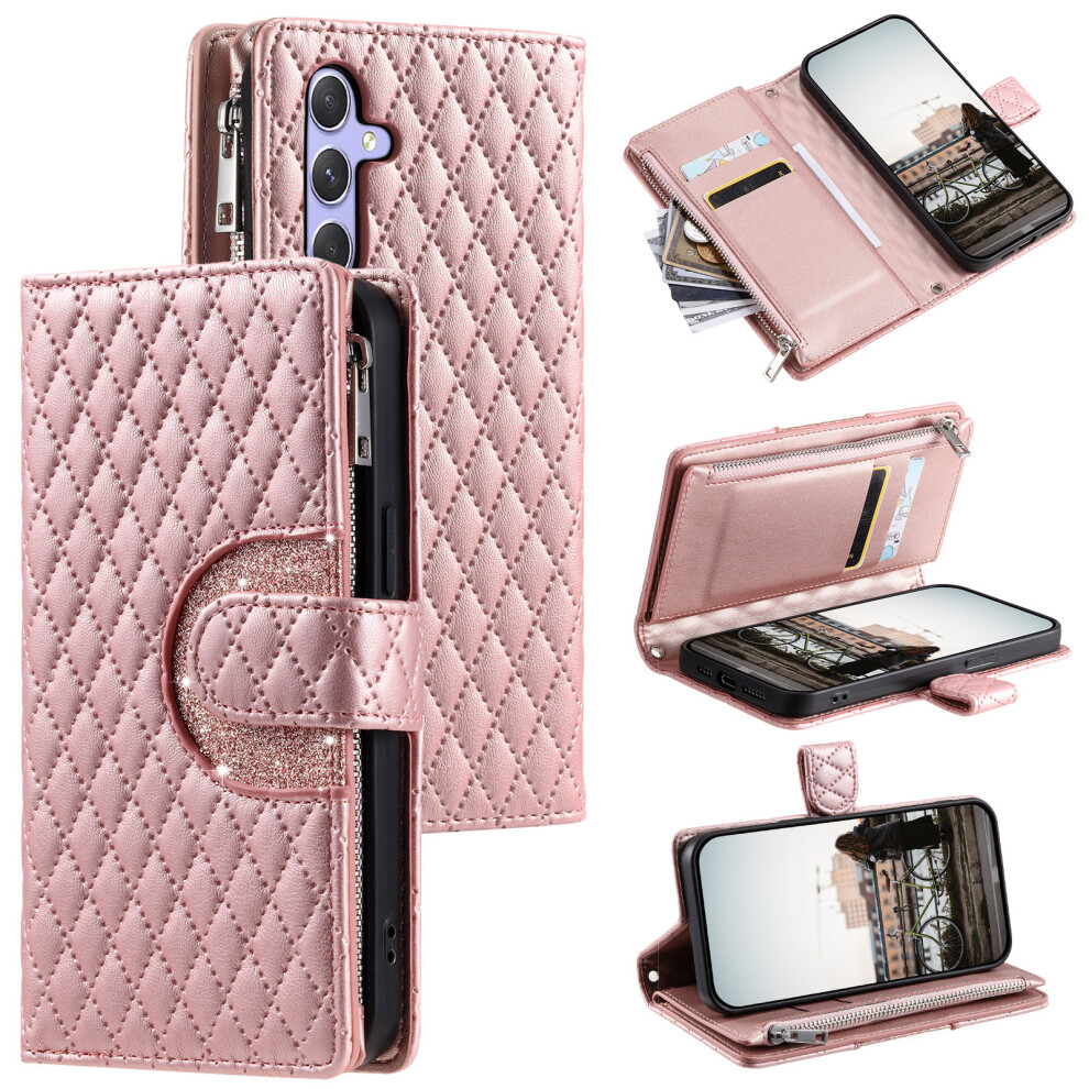 (Rose ) For Samsung Galaxy A57 5G Case Zipper Pocket Glitter Leather Phone Cover With Wrist Strap Gold 6914297846231
