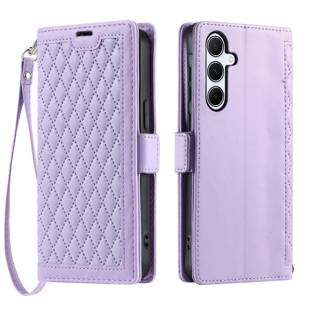 (Purple) For Samsung Galaxy A57 5G Leather Case Rhombus Texture Wallet Stand Phone Cover With Wrist Strap Purple 6914299248279