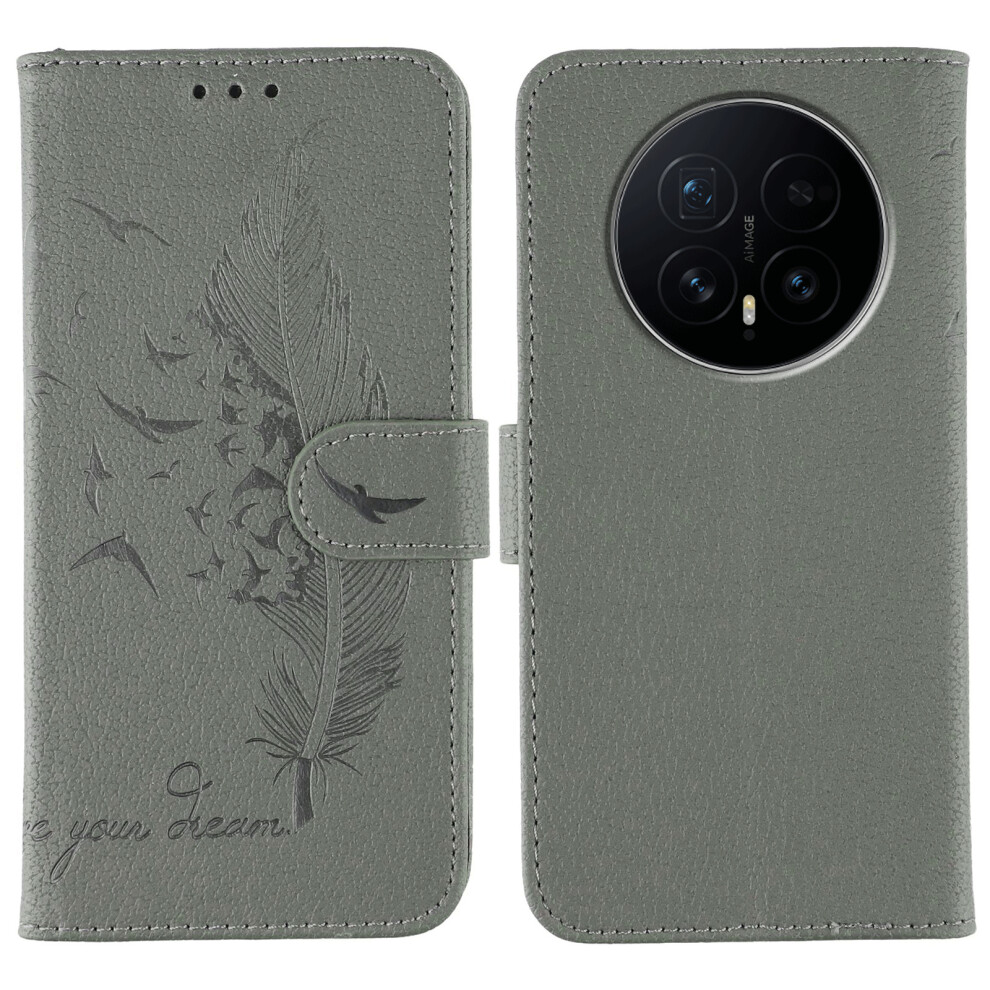 (Grey) For Honor Magic8 5G Case Feather Imprint Pu Leather Wallet Phone Cover Grey 6914299079231