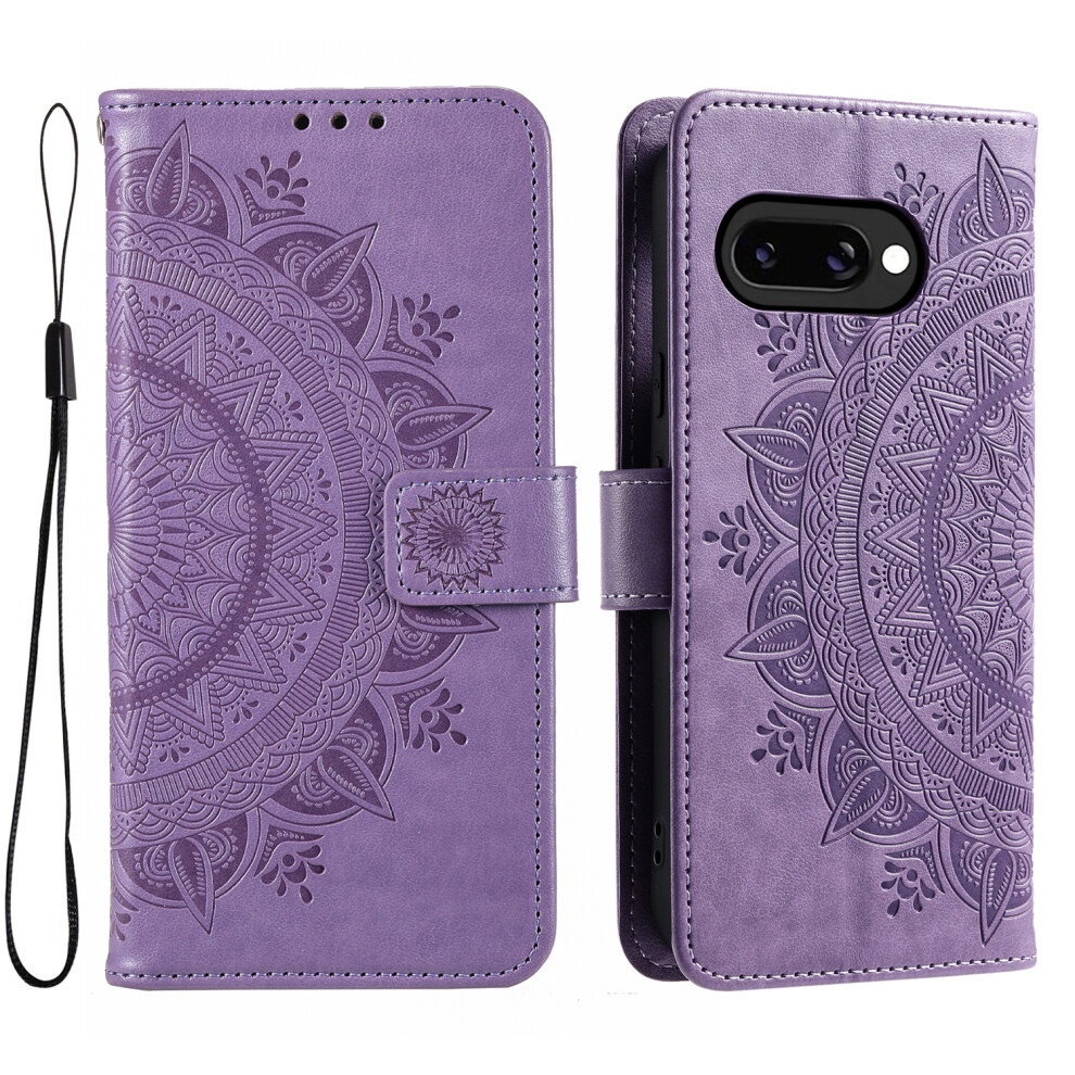 (Purple) For Google Pixel 10A Stand Case Imprinted Totem Pu Leather Wallet Phone Cover With Wrist Strap Purple 6914296114737