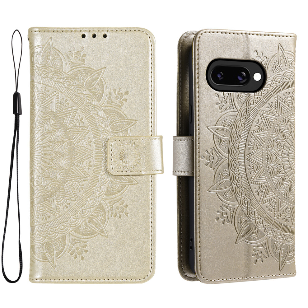 (Gold) For Google Pixel 10A Stand Case Imprinted Totem Pu Leather Wallet Phone Cover With Wrist Strap Gold 6914292273957