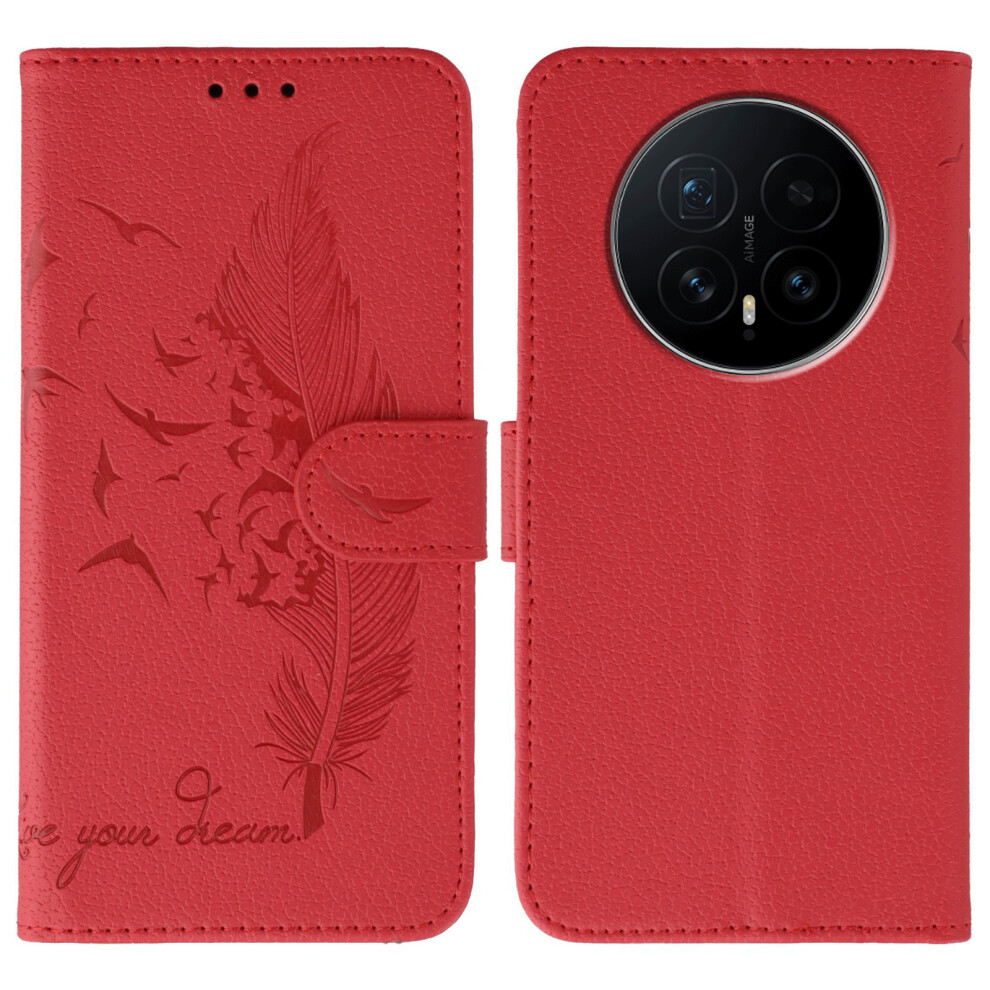(Red) For Honor Magic8 5G Case Feather Imprint Pu Leather Wallet Phone Cover Red 6914294353626
