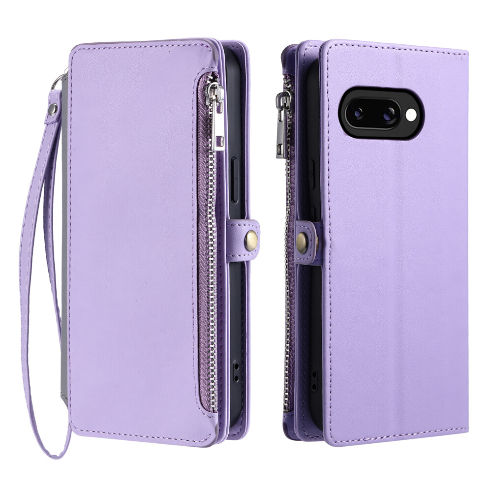 (Purple) For Google Pixel 10A Case Tpu + Pu Leather Wallet Phone Cover With Wrist Strap Purple 6914294711686