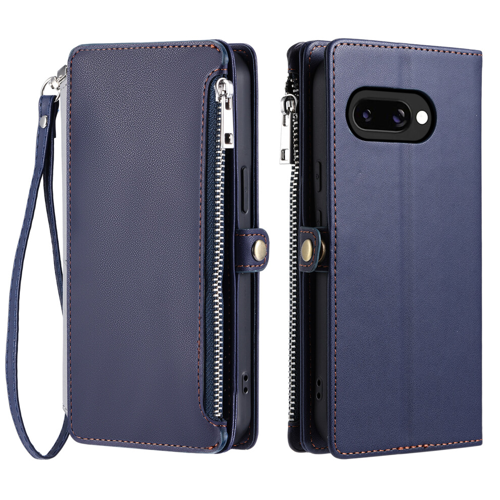 (Blue) For Google Pixel 10A Case Tpu + Pu Leather Wallet Phone Cover With Wrist Strap Blue 6914296359503