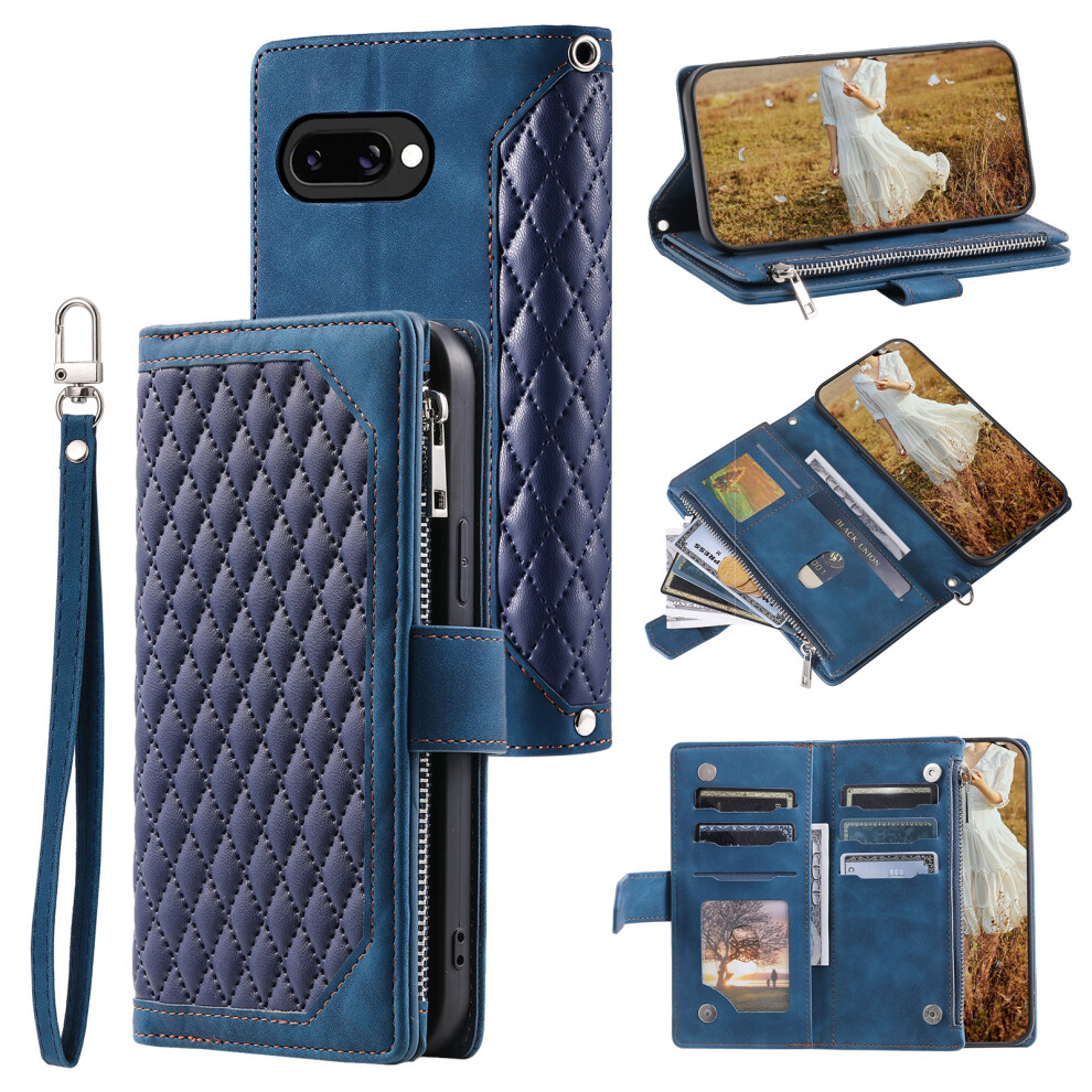 (Blue) For Google Pixel 10A Wallet Case Rhombus Stitching Line Pu Leather Phone Cover With Wrist Strap Blue 6914296934052