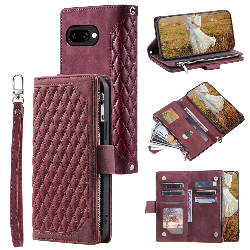 (Wine ) For Google Pixel 10A Wallet Case Rhombus Stitching Line Pu Leather Phone Cover With Wrist Strap Red 6914298300336