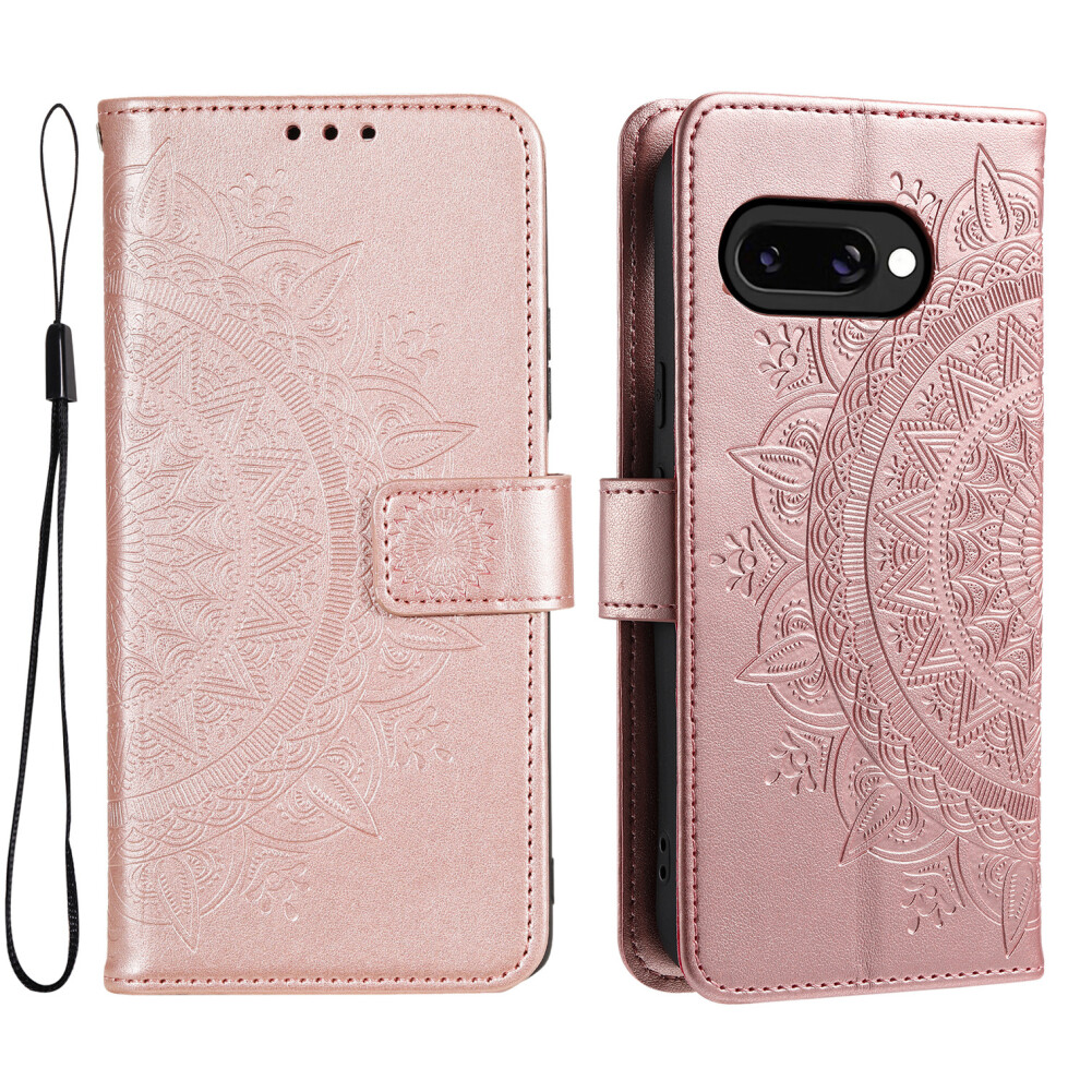 (Rose ) For Google Pixel 10A Stand Case Imprinted Totem Pu Leather Wallet Phone Cover With Wrist Strap Gold 6914295593083