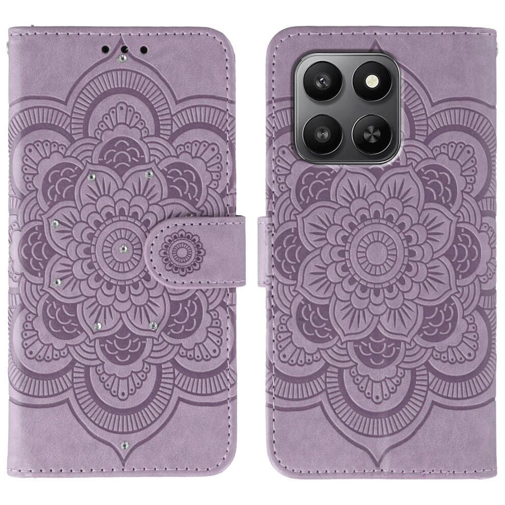 (Purple) Pu Leather Case For Honor 400 Smart 5G / X7d 4G / X7d 5G Rhinestone Decor Mandala Imprint Phone Cover With Wrist Str Purple 6914290487264